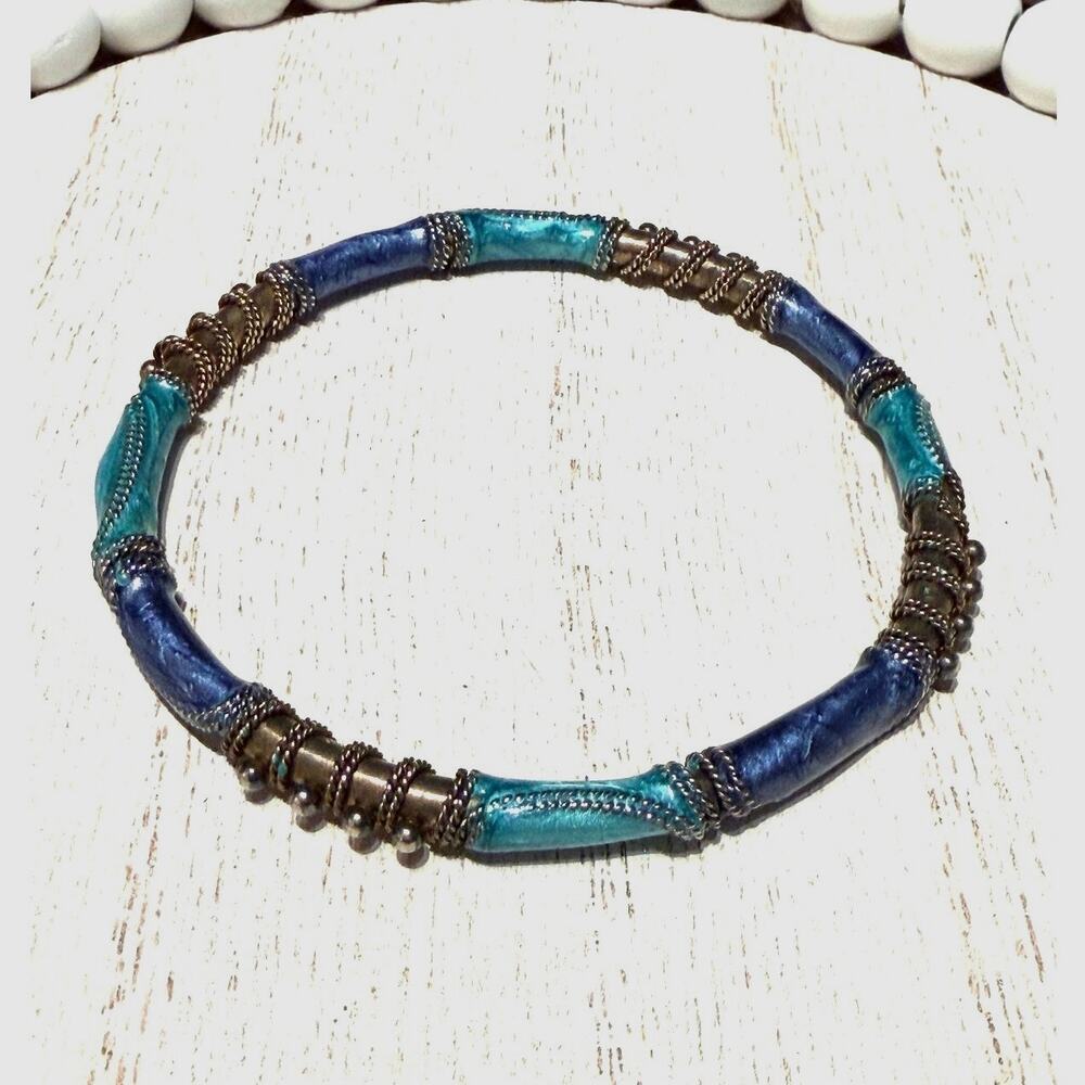 Blue & Silvertone Patterned Bangle – Boho Style - Picture 2 of 4